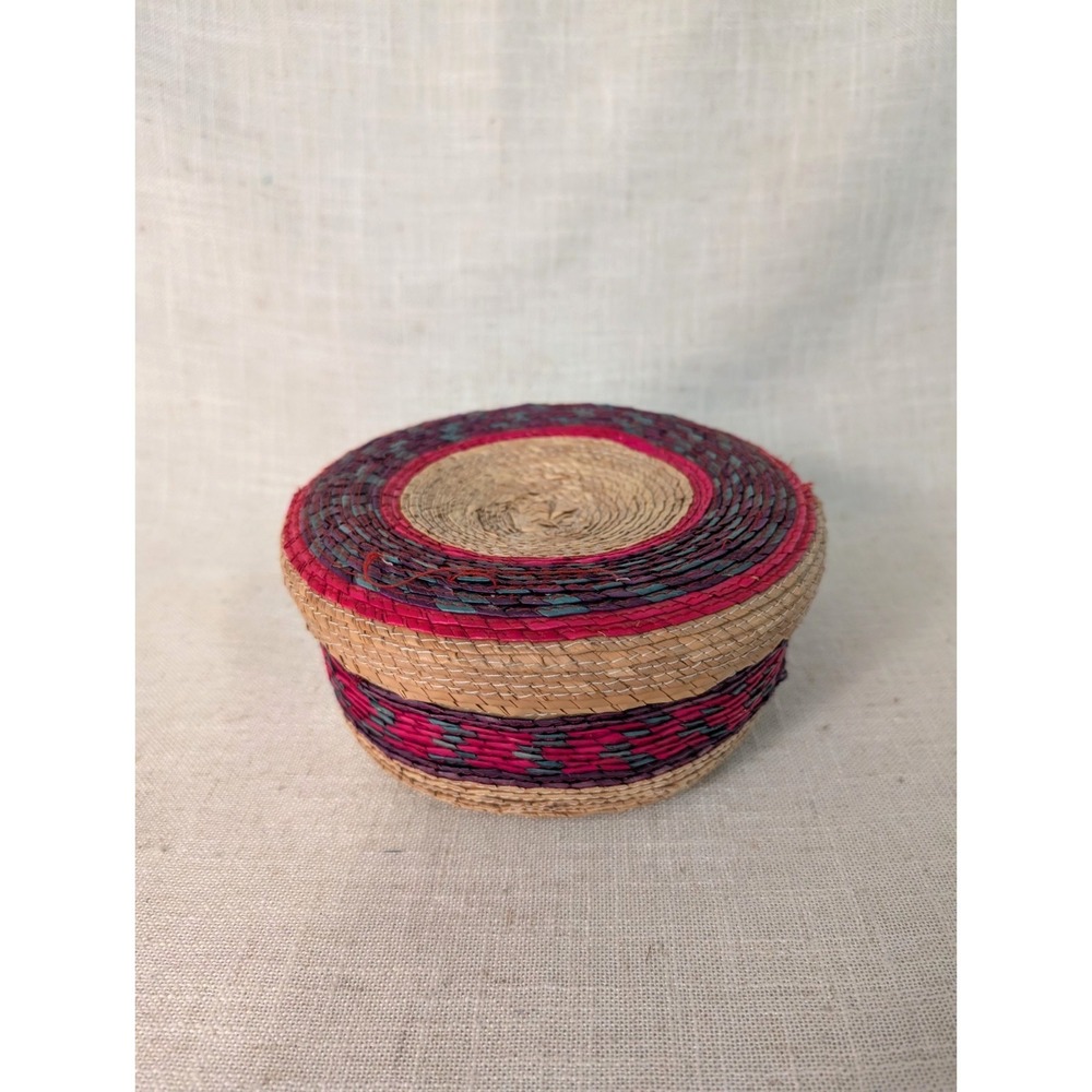 Mexican Palm Woven Basket and Lid Multi Color Bands 3 x 7"